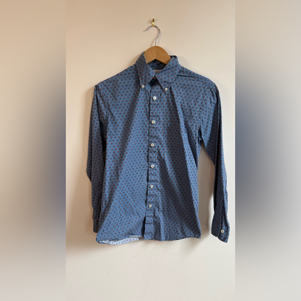 Brooks Brothers Regent Fit Cotton Block Print Button Down Shirt Blue XS